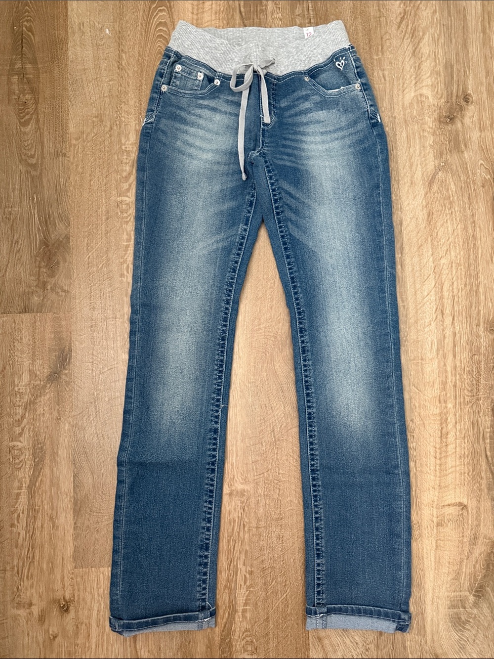 Justice Girl’s Blue Jeans with Drawstring Waist and Roll Cuff